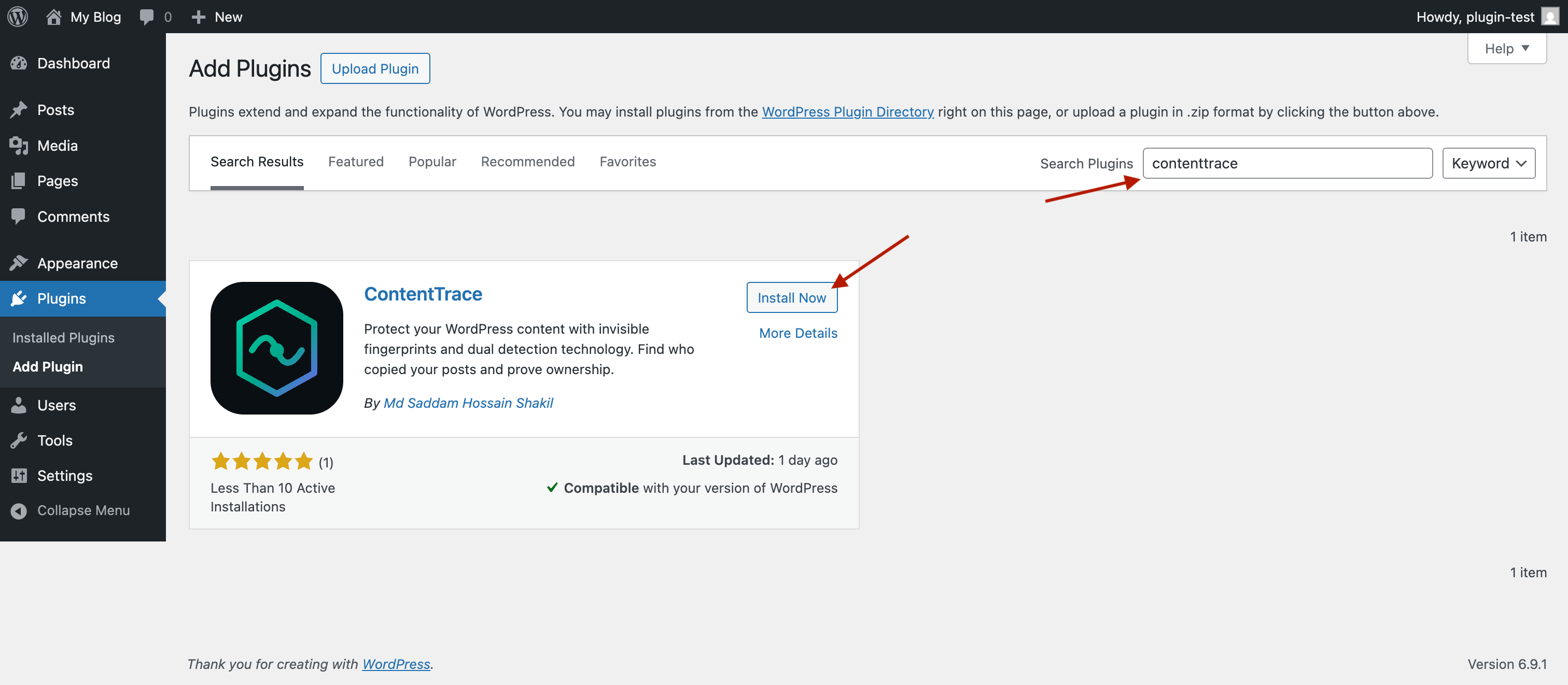 Installing ContentTrace from WordPress Plugin Directory