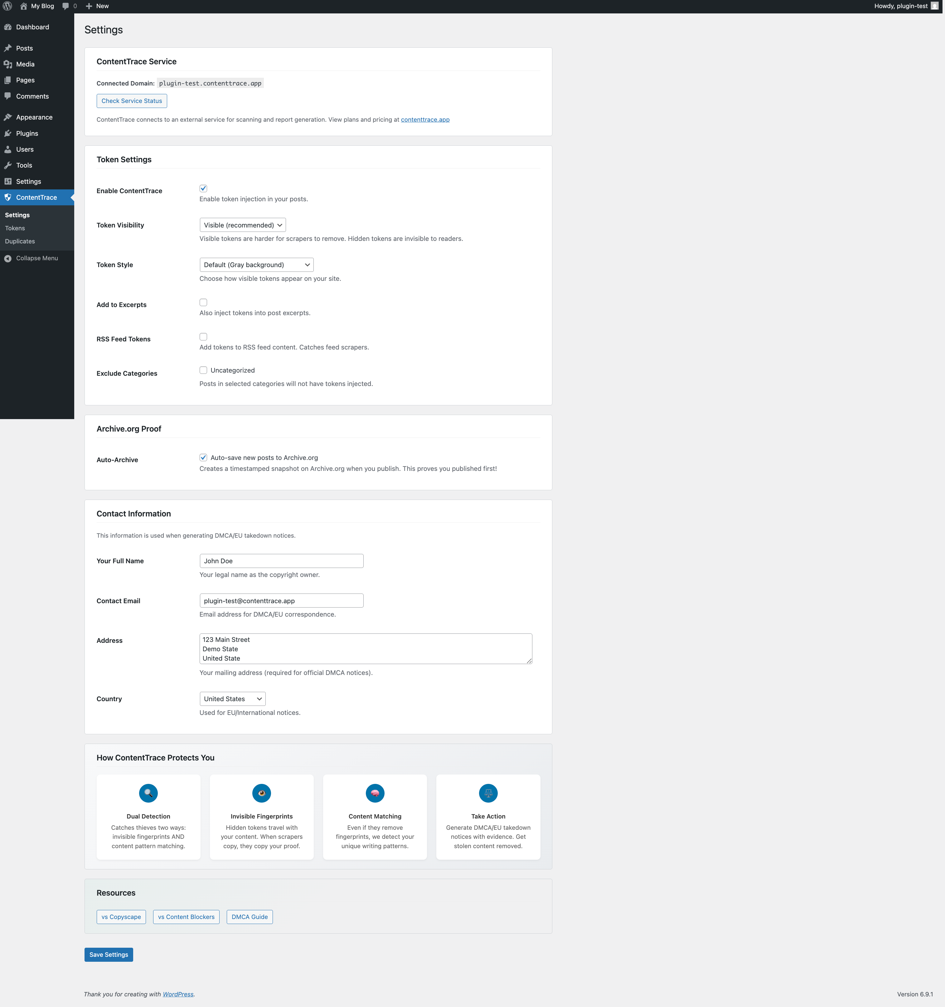 ContentTrace Settings page showing service status