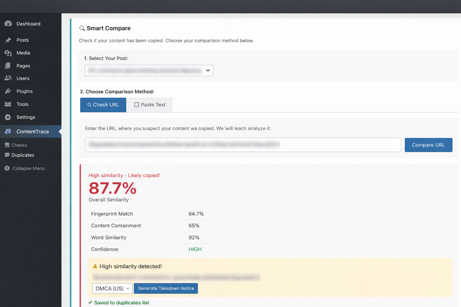 ContentTrace Smart Compare showing similarity analysis with percentage match